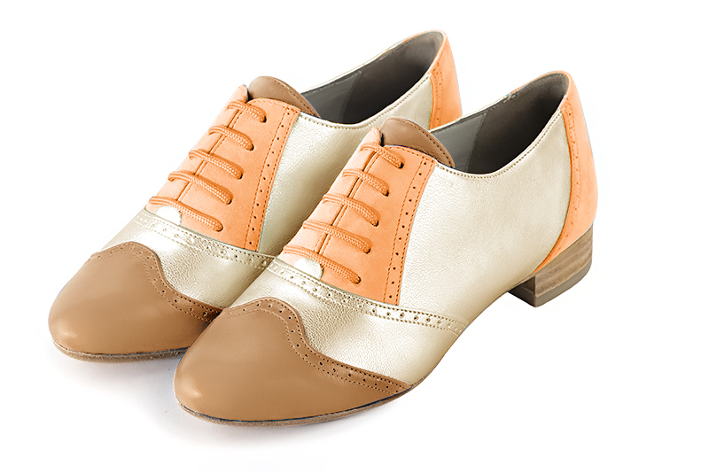 Camel beige, gold and marigold orange women's fashion lace-up shoes.. Front view - Florence KOOIJMAN